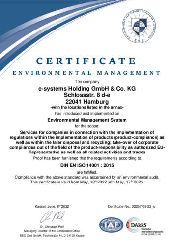 e-systems GmbH Environmental Management Certificate DIN EN ISO 14001:2015