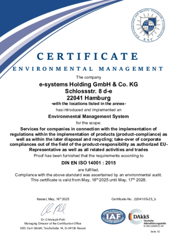 e-systems GmbH Umweltmanagement Zertifikat DIN EN ISO 14001:2015 (EN) e-systems GmbH Umweltmanagement Zertifikat DIN EN ISO 14001:2015 (EN)
