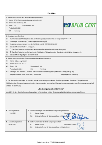 take-e-way Zertifikat Entsorgungsfachbetrieb: take-e-way ist berechtigt, im Hinblick auf die in der Anlage zu diesem Zertifikat genannten Standorte, Tätigkeiten und Abfallarten das Überwachungszeichen der obengenannten technischen Überwachungsorganisation oder Entsorgergemeinschaft und die Bezeichnung "Entsorgungsfachbetrieb" gemäß § 56 des Kreislaufwirtschaftsgesetzes in Verbindung mit der Entsorgungsfachbetriebeverordnung zu führen. take-e-way Zertifikat Entsorgungsfachbetrieb