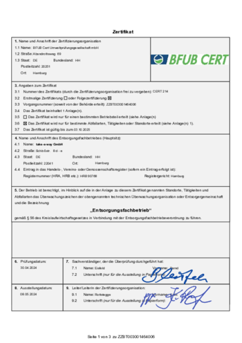 certificate specialised waste management company (DE)